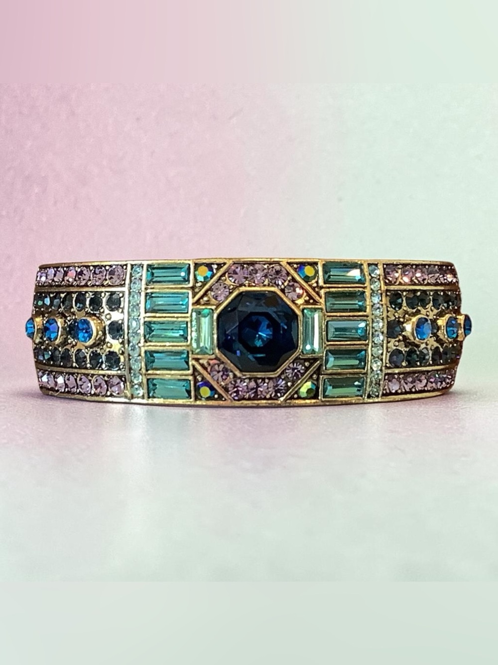 Heidi Daus Statement Piece! Gold Art Deco Bracelet With Blue & Teal Crystals.